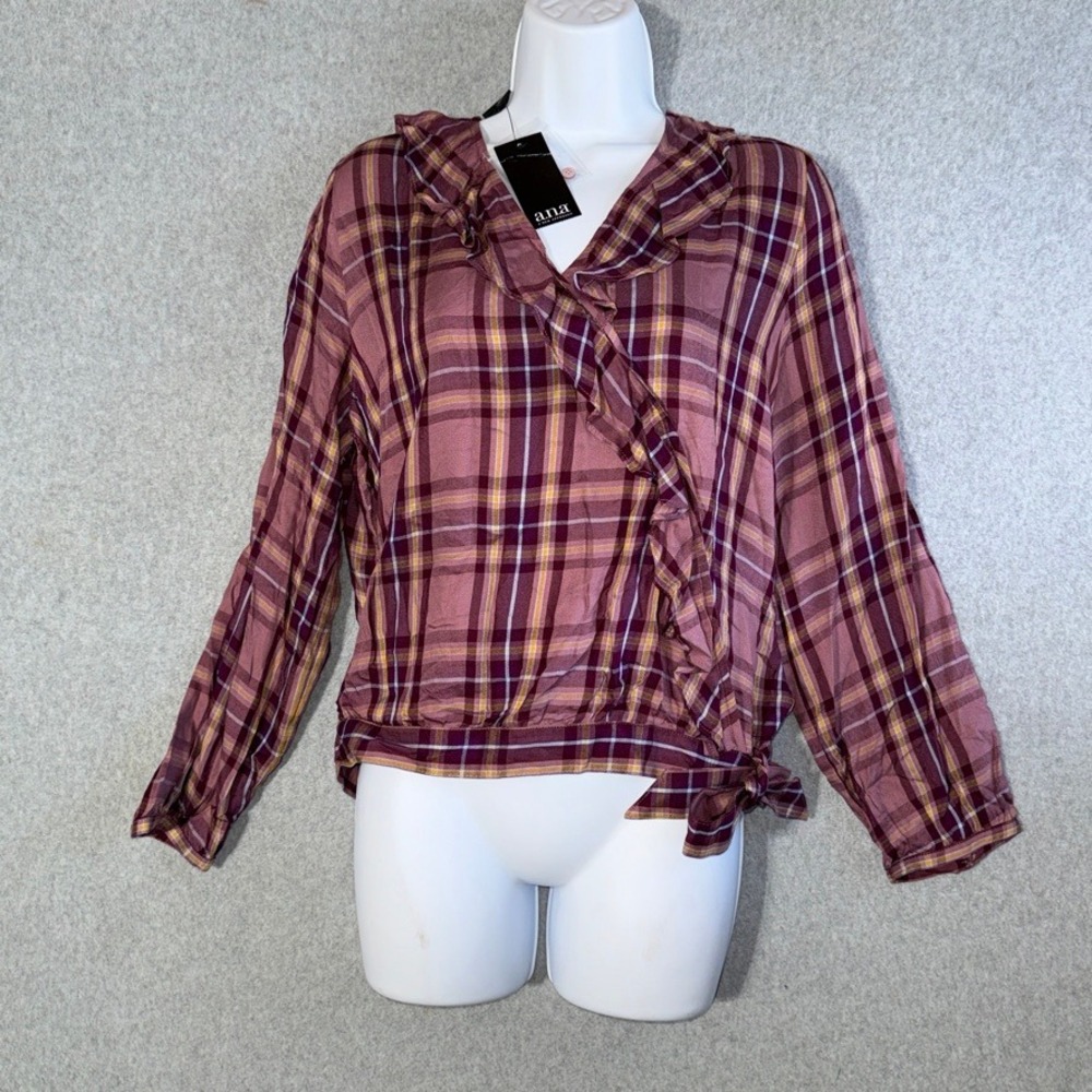 a.n.a Mauve Plaid Ruffle Wrap Blouse Large Coquette Cottagecore Top